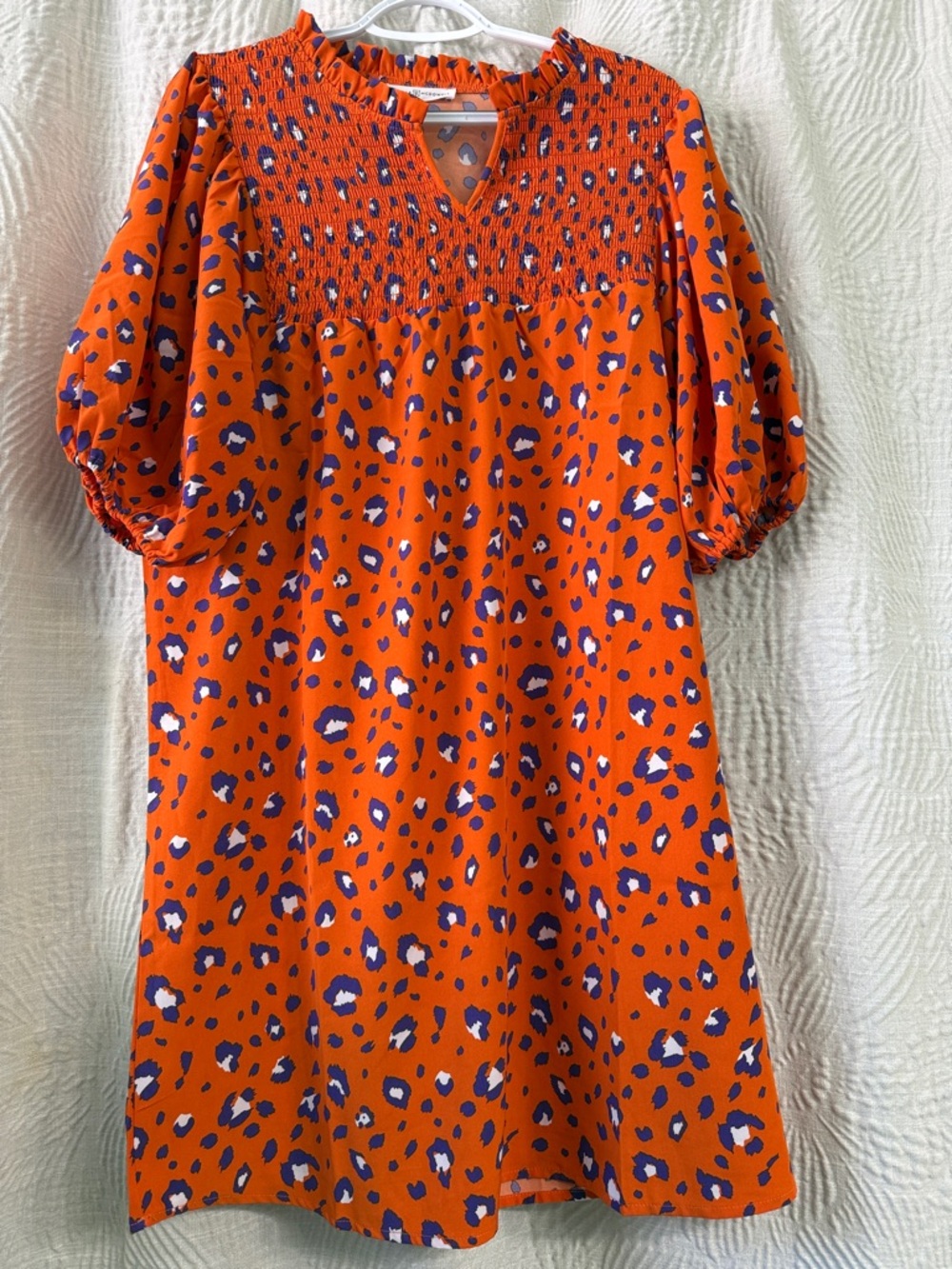 Women's Orange Leopard-Print Smocked Peasant Tunic Dress